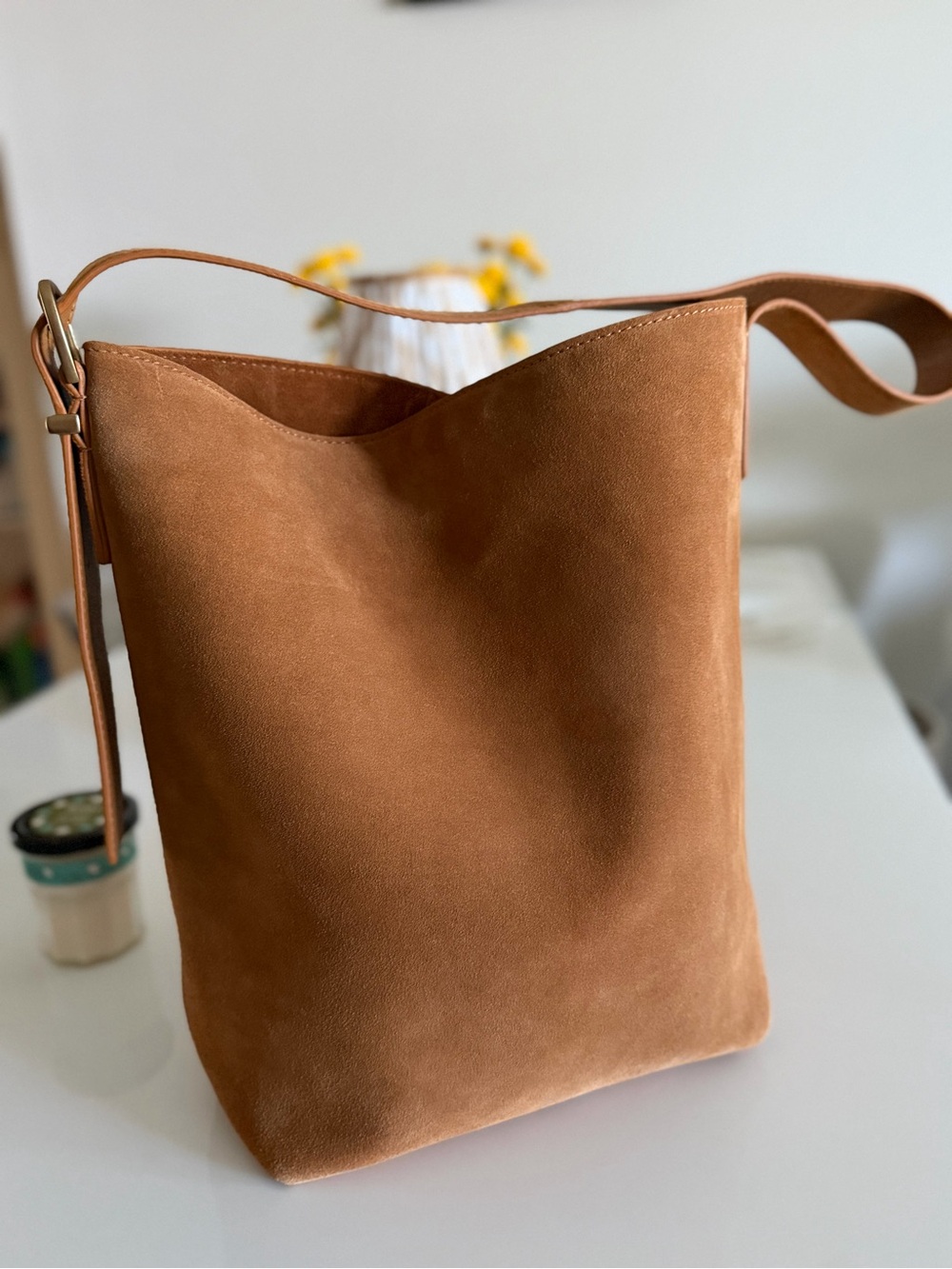 Margot New York Kaye Bucket Tote in Tan Suede